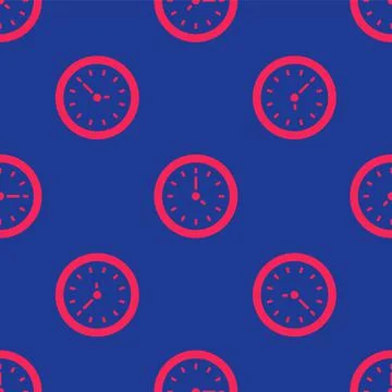 Red Clock icon isolated seamless pattern on blue background. Time symbol. Vector 스톡 일러스트
