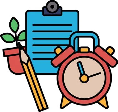 A red clock with a pencil and a piece of paper on a table Stock Illustration