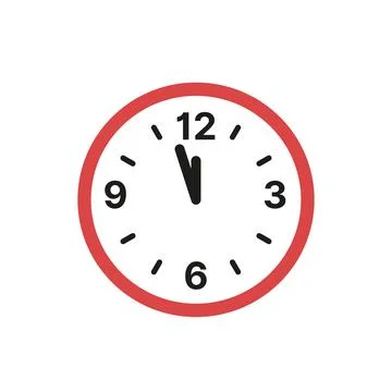 Red clock. Red Wall Clock. Midnight. Cartoon, vector. Stock Illustration