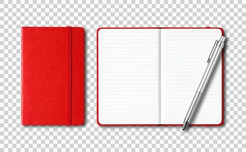 Red closed and open lined notebooks with a pen isolated on transparent back.. Stock Photos