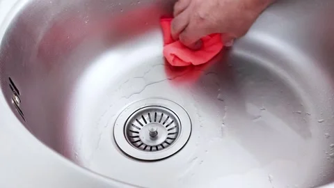Red Cloth on Steel: A Quiet Tutorial in Sink Cleaning Grace Vidéo 313520949