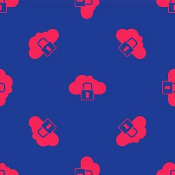 Red Cloud computing lock icon isolated seamless pattern on blue background. S Stock Illustration