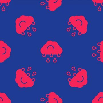 Red Cloud with rain icon isolated seamless pattern on blue background. Rain Illustrazione stock