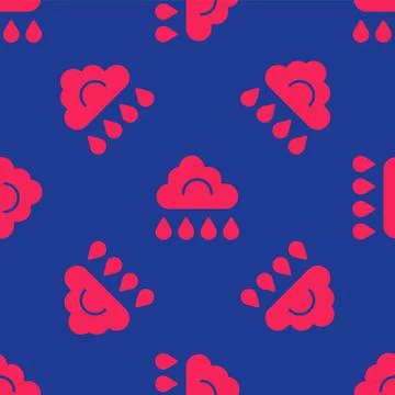 Red Cloud with rain icon isolated seamless pattern on blue background. Rain Stock Illustration
