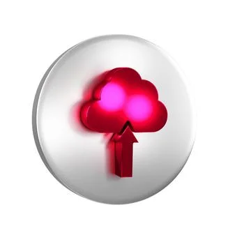Red Cloud upload icon isolated on transparent background. Silver circle butto Stock Illustration