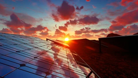 Red clouds running over solar panel field at sunset Stock Footage 171453359