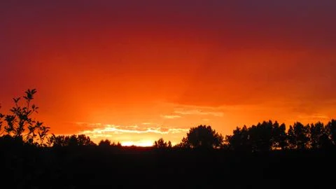 Red clouds at sunset, on a blue-gray sky background Stock Photos
