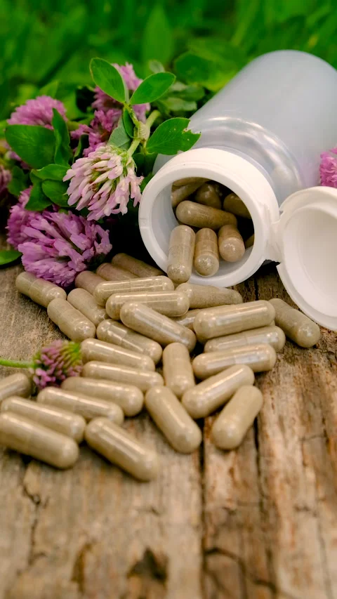 Red Clover Extract and Supplements. Selective Focus. Stock Footage 313944814