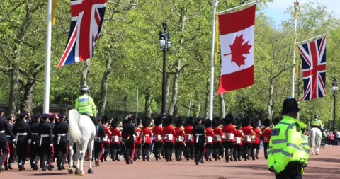 Red-coated guards marching band parade on The Mall in London. Stock Footage 321018730