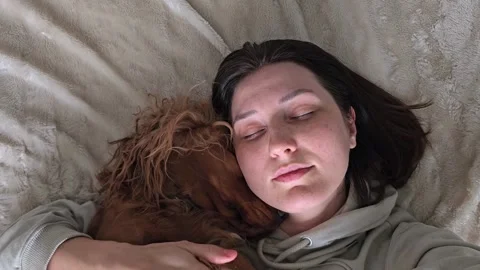 Red cocker spaniel peacefully sleeping next to woman, showing deep bond and.. Stock Footage 336958202