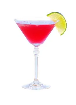 Red cocktail with lime on white background. martini glass Stock Photos