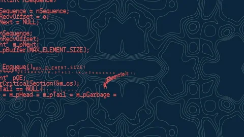 Red code fragments animating on dark navy backdrop, with white contour lines Video stock 309287167