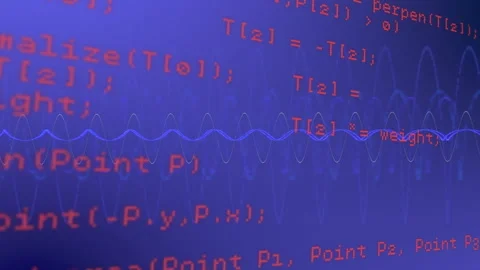 Red code lines flowing over flat-design deep blue field, showing sine-waveform Stock Footage 307551210