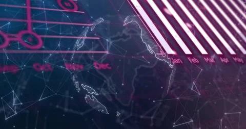 Red code scrolling initiating 3D globe spinning while charts animating for data Stock Footage 310864134