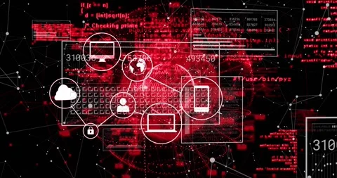 Red code streaks appearing, UI forming, icons linking over red sphere, Stock Footage 328685492