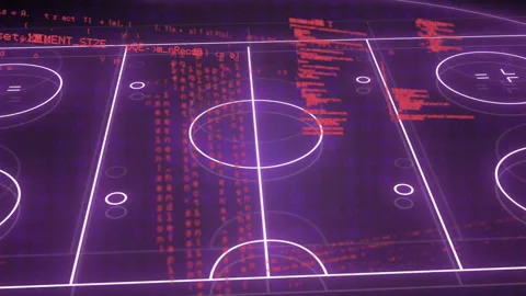 Red code streaming down initiating holographic grid emerging, rotating to Stock Footage 314409302