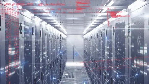 Red code text emerging in server corridor initiating blue node mesh pulsing to Stock Footage 319682663
