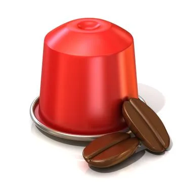 Red coffee capsule with two coffee beans. 3D Stock Illustration