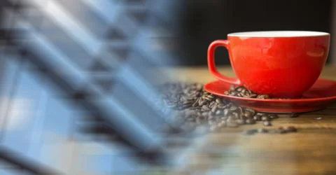Red coffee cup with beans and blurry window transition Stock Photos