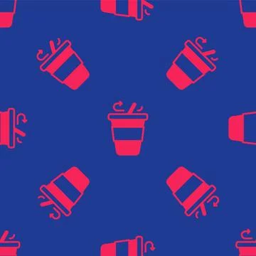Red Coffee cup to go icon isolated seamless pattern on blue background. Vector イラスト素材