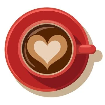 Red Coffee Cup with Heart Shaped Latte Art on Saucer Vector Illustration Stock Illustration