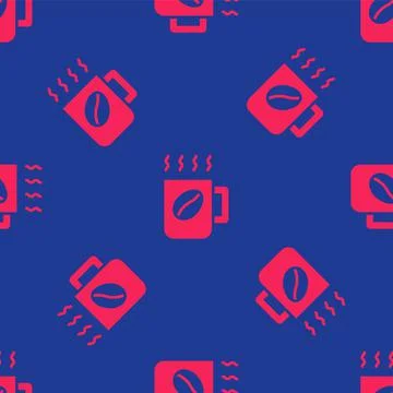 Red Coffee cup icon isolated seamless pattern on blue background. Tea cup. Ho 스톡 일러스트