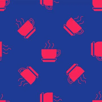 Red Coffee cup icon isolated seamless pattern on blue background. Tea cup. Hot Stock Illustration