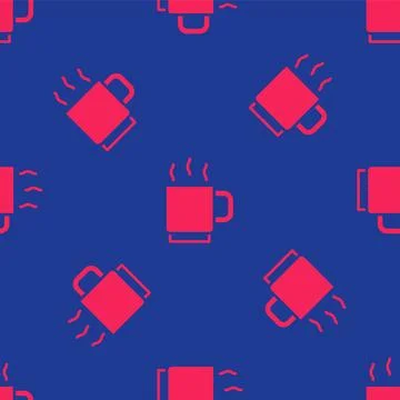 Red Coffee cup icon isolated seamless pattern on blue background. Tea cup. Hot Stock Illustration