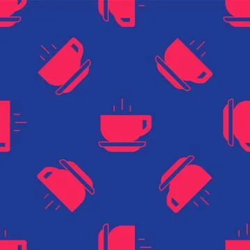 Red Coffee cup icon isolated seamless pattern on blue background. Tea cup. Hot Stock Illustration