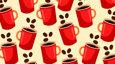 Red Coffee Cups and Coffee Beans Seamless Animated Background Stock Footage 345236753