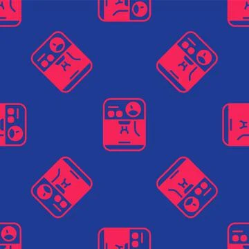 Red Coffee machine icon isolated seamless pattern on blue background. Vector Stockillustratie