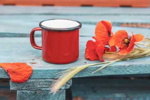 Red coffee or tea cup Bouquet of red poppies on a wooden blue surface still life Stock Photos