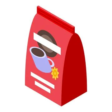 Red coffee packaging with cup and saucer icon displaying aromatic beverage Stock Illustration