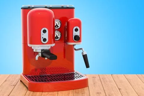 Red coffeemaker or coffee machine retro design on the wooden table. 3D render Illustrazione stock