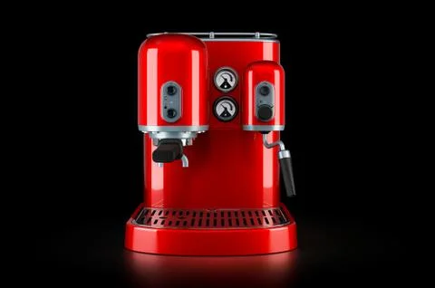 Red coffeemaker or coffee machine retro design on black background, 3D render Ilustración de archivo