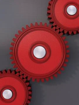 Red cogwheels in front of grey background, 3D Rendering Illustrazione stock