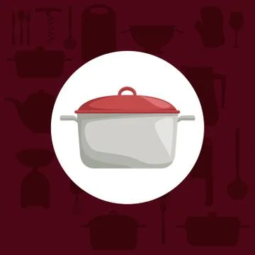 Red color background with icons elements of kitchen and circular frame of Stock Illustration