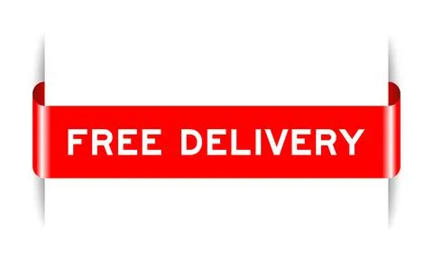 Red color inserted label banner with word free delivery on white background Illustrazione stock