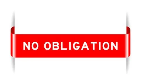 Red color inserted label banner with word no obligation on white background Stock Illustration