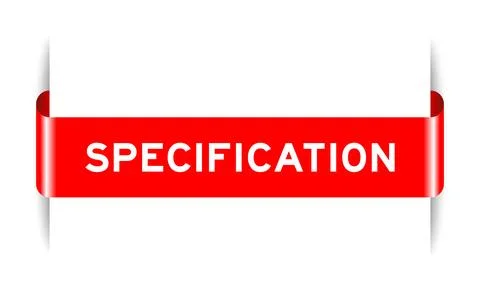 Red color inserted label banner with word specification on white background Stock Illustration