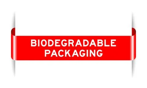 Red color inserted label banner with word biodegradable packaging on white .. 스톡 일러스트