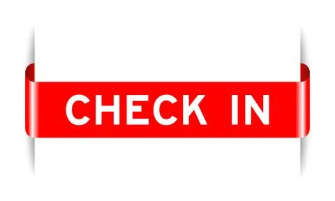 Red color inserted label banner with word check in on white background Illustrazione stock