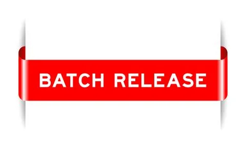 Red color inserted label banner with word batch release on white background Stock Illustration