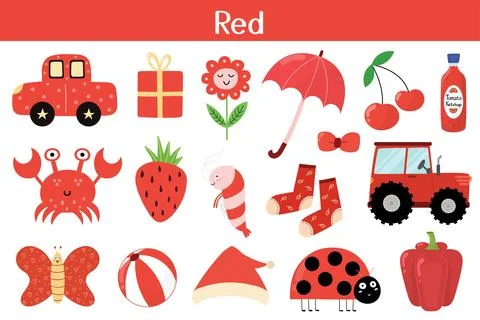 Red color objects set. Learning colors for kids. Cute elements collection Stock Illustration