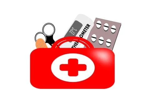 A red color with a plus sign first aid box. Stock Illustration