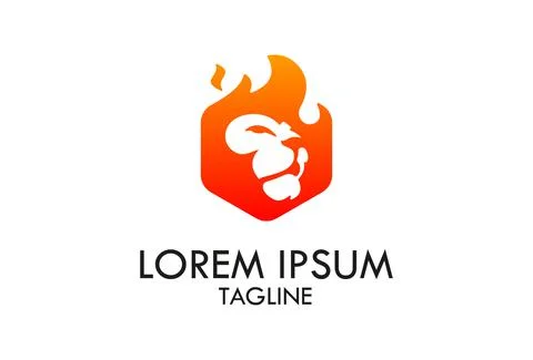 Red Color Simple Burn Hexagonal Lion Head logo Design	 Stock Illustration