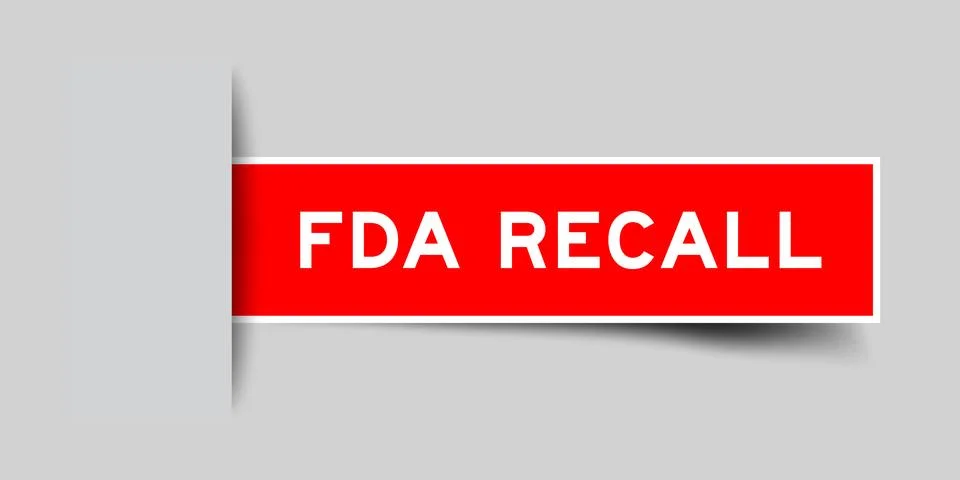 Red color square shape sticker label with word FDA recall inserted in gray .. Stock Illustration