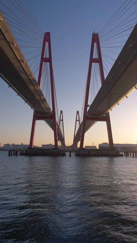 Red Colored Big Cable-Stayed Bridge at Dawn (Vertical / Static Shot/ Real Time) Stock Footage 334857628