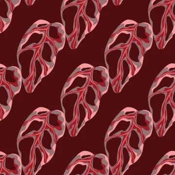 Red colored marble monstera leaf silhouettes seamless pattern. Maroon dark ba Illustrazione stock