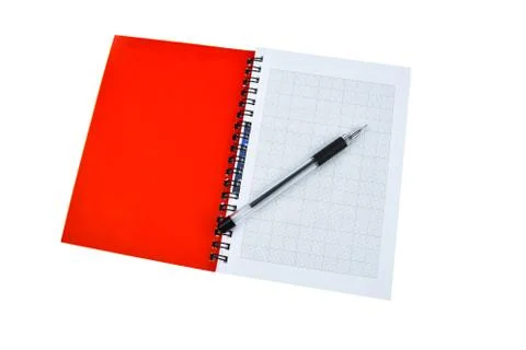Red colored note paper diary and a black colored ball point pen placed togeth Stock Photos